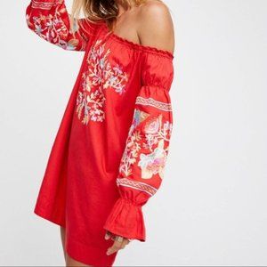 Flower Embroidered Red Dress Off Shoulder